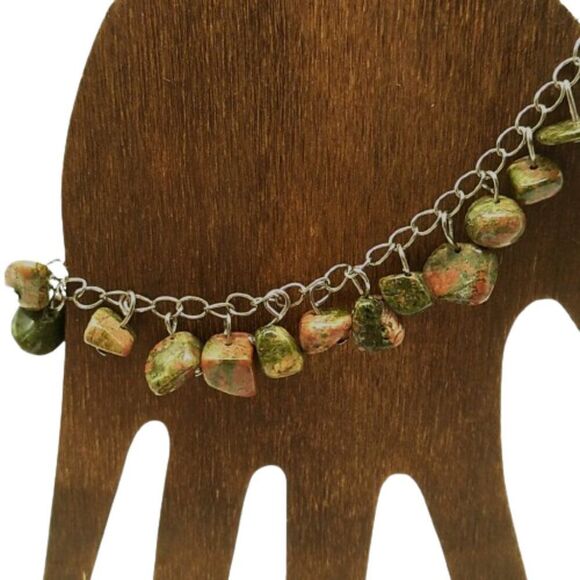 Artisan Unakite Jasper Bracelet Green Pink Stone Beads Silver Chain Toggle Clasp - Picture 2 of 13